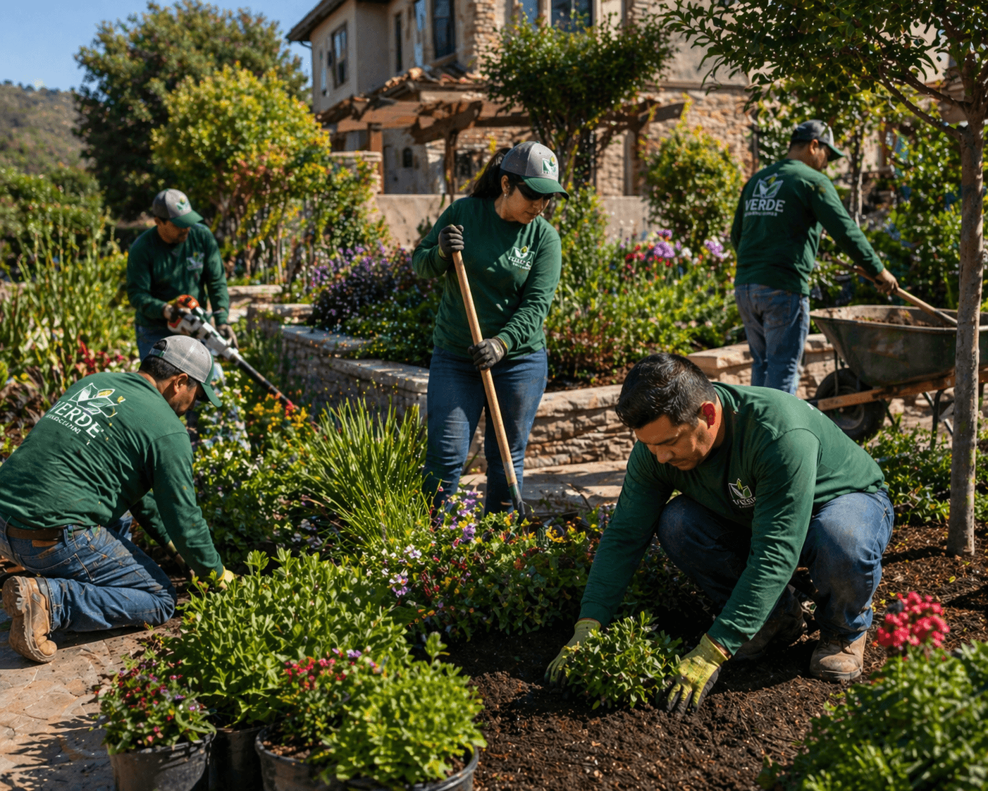 Landscaping crew maintaining a residential garden