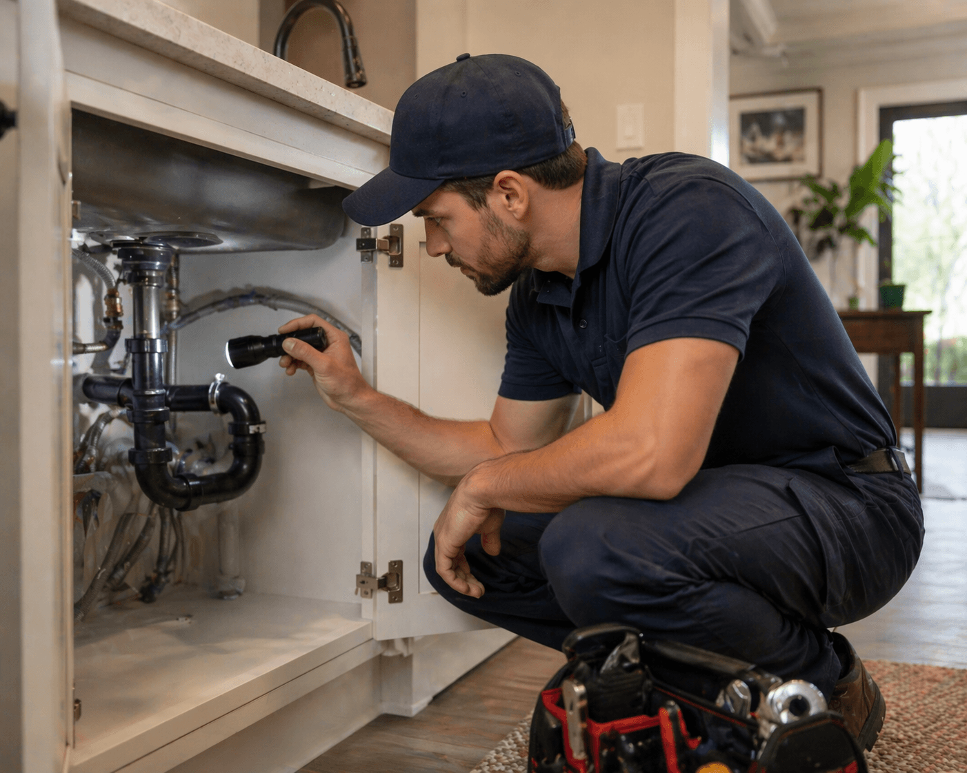Plumber working on a residential plumbing system